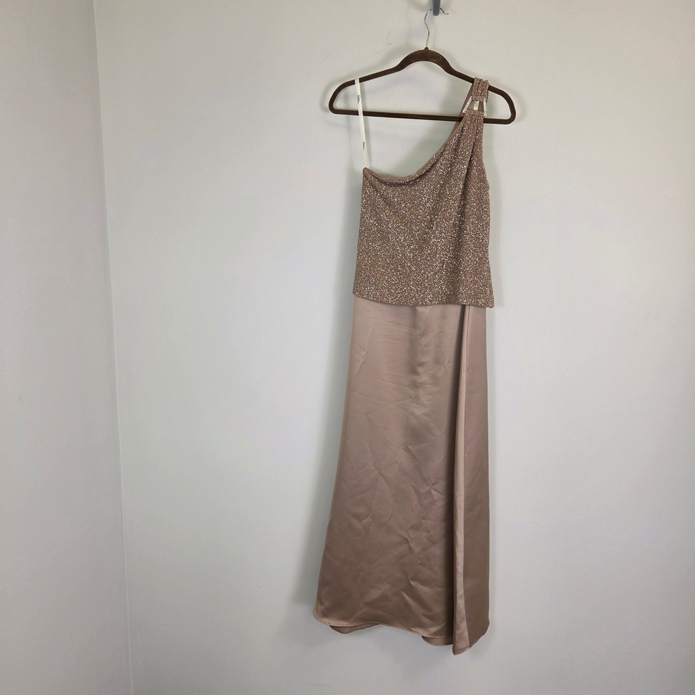 One Shoulder Glitter Satin Gown Rhinestone Buckle Rose Gold Evening Dress 56in